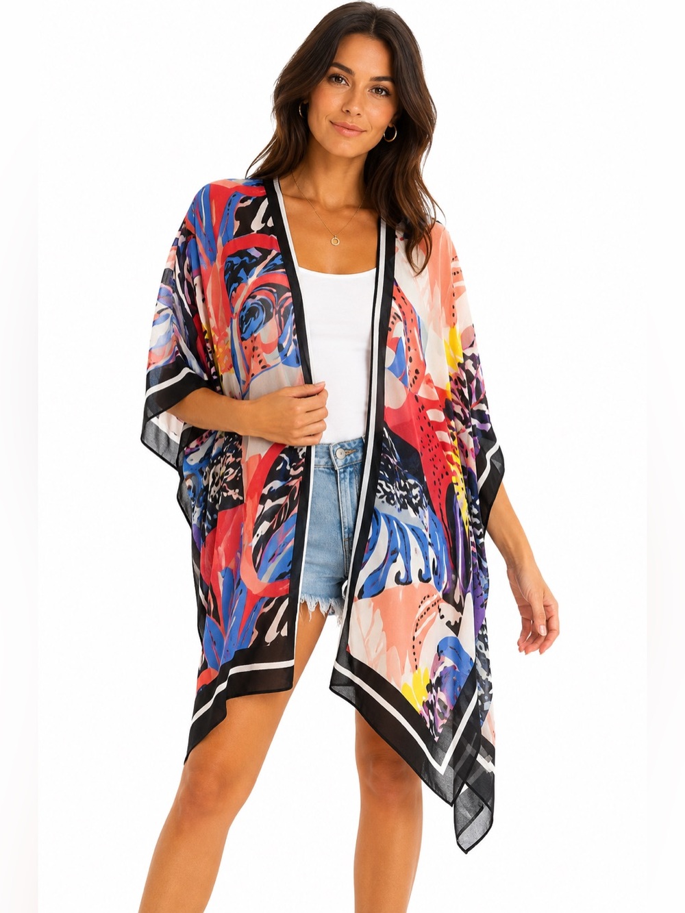 Rachel Roy Tropical Abstract Print Open Front Kimono Cover Up One Size Coastal